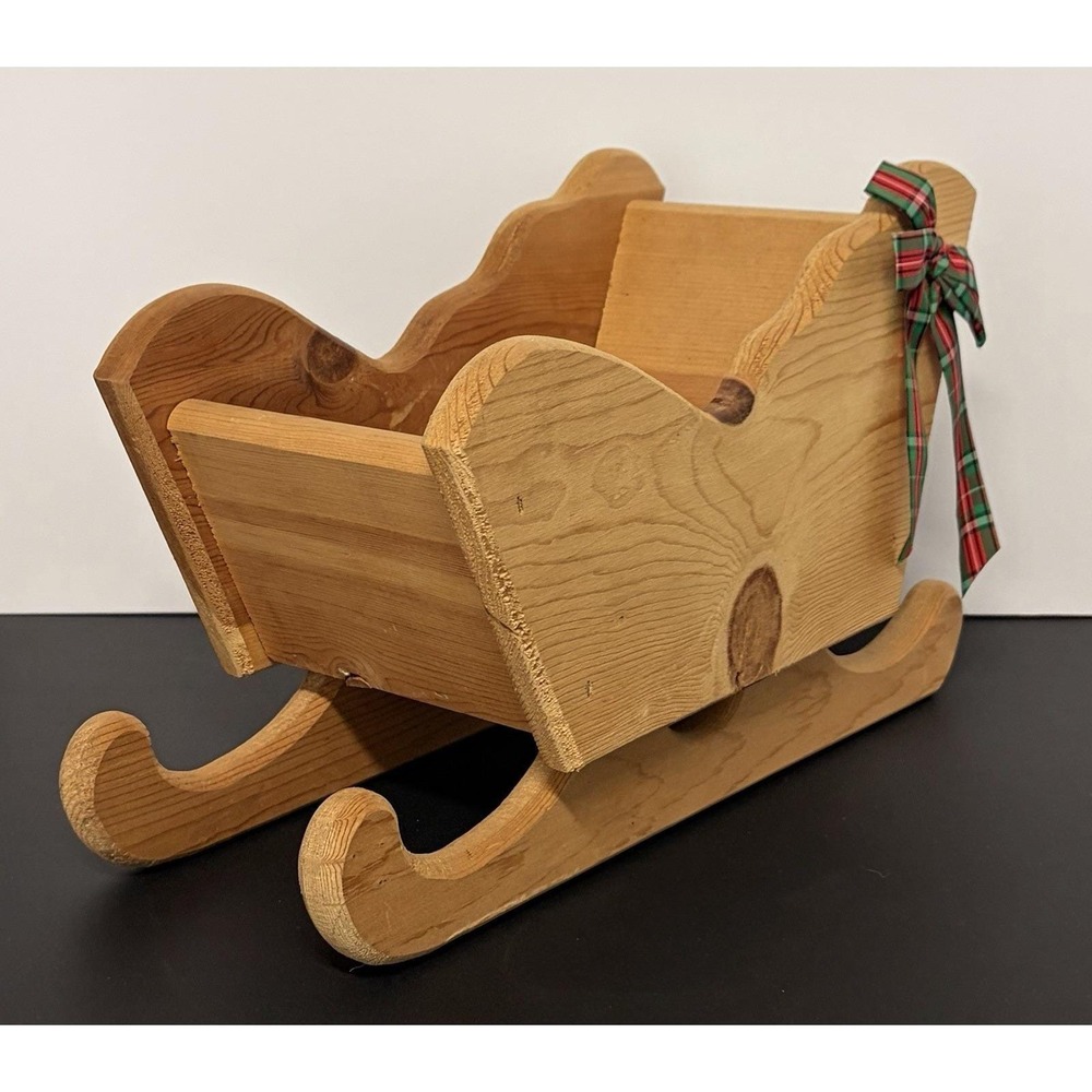 Vintage Wooden Sleigh Decor Plaid Bow Handcrafted Christmas Carmel Wood Products